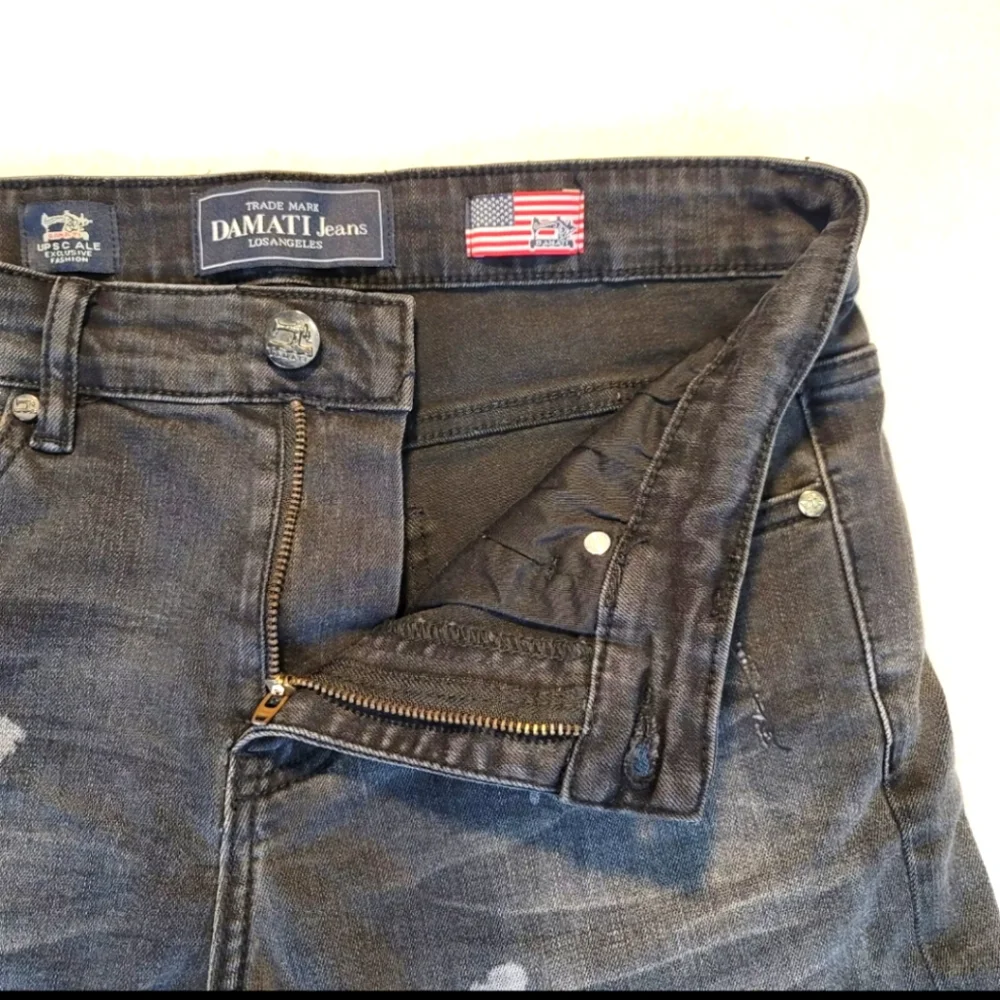 Damati Mens Skinny Moto Style Factory Distressed Black Denim Jeans Sz 36/32